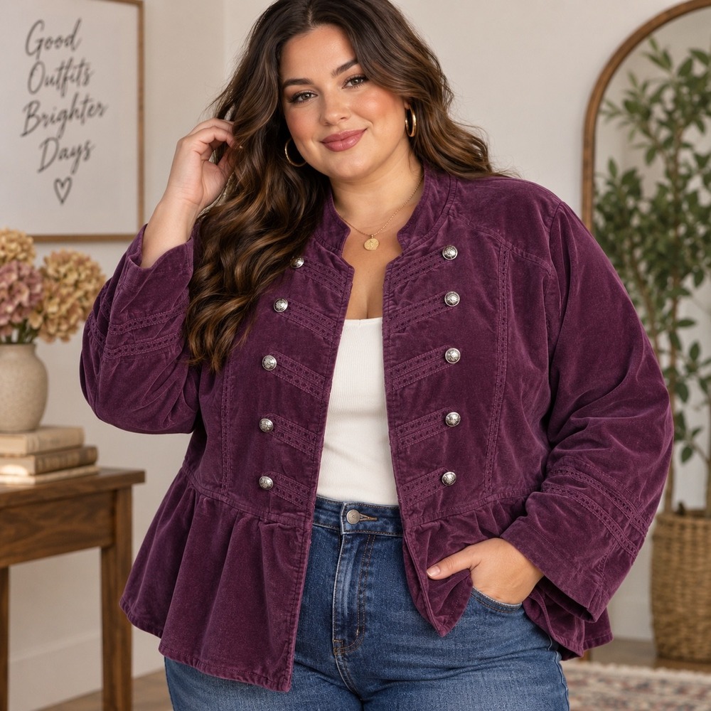 Torrid Womens Purple Corduroy Military Peplum Jacket Silver Buttons Size 3 3X